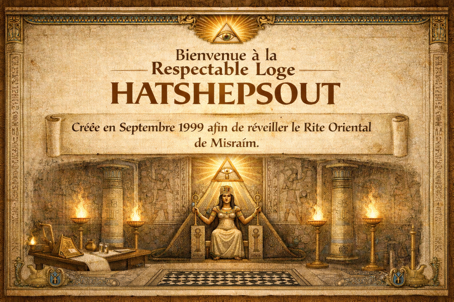 Bannière numérique représentant la Loge Hatshepsout, avec une esthétique égyptienne ancienne. On y voit la reine Hatshepsout sur son trône, entourée de colonnes hiéroglyphiques et d’éléments lumineux tels que des torches et des symboles égyptiens (œil d’Horus, Ankh, disque solaire ailé) sur un fond couleur parchemin.