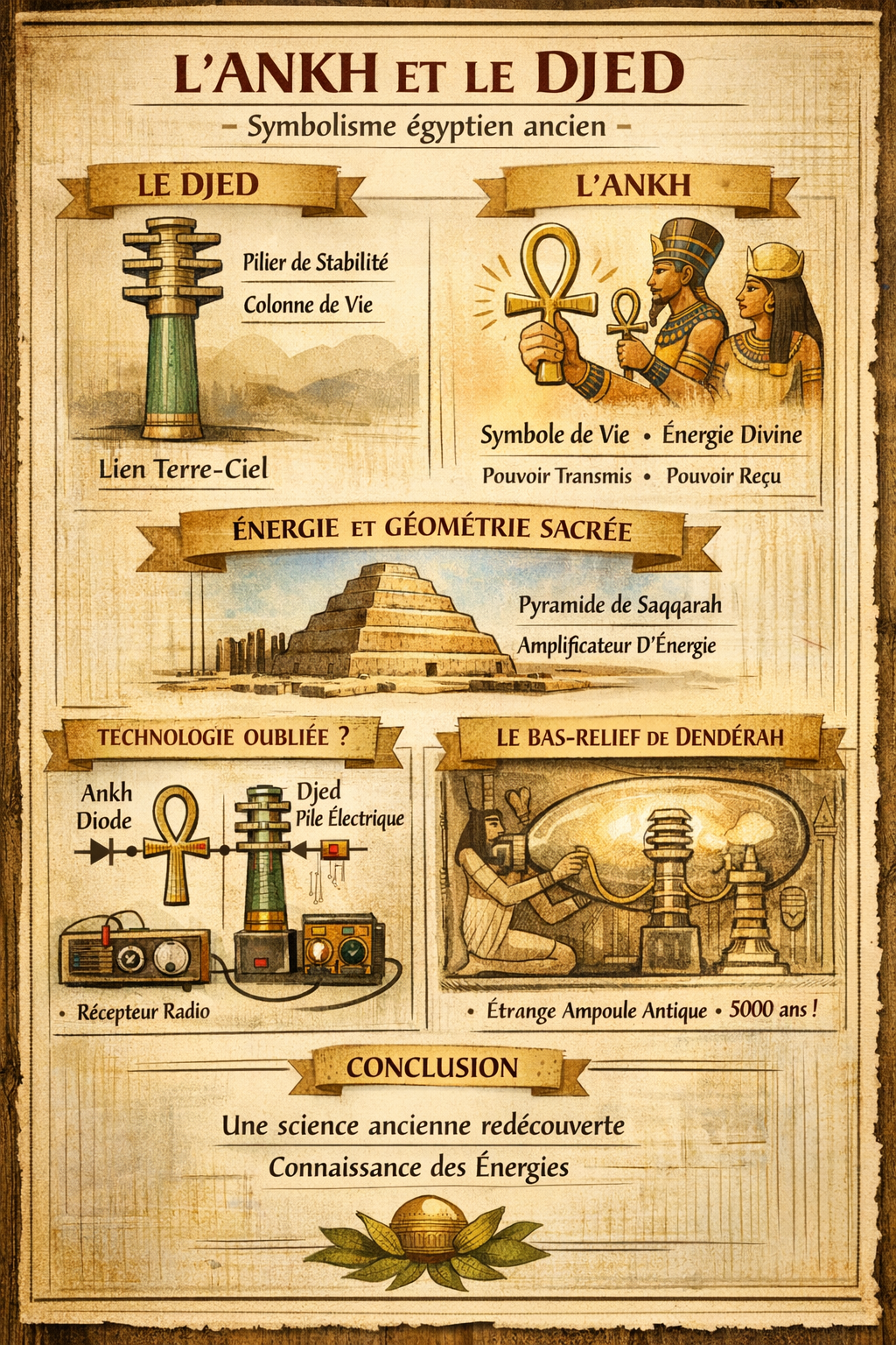 Illustration infographique présentant les symboles égyptiens anciens de l’Ankh et du Djed, associés à la vie, à la stabilité cosmique, à la circulation de l’énergie et à des analogies avec des principes géométriques et technologiques.